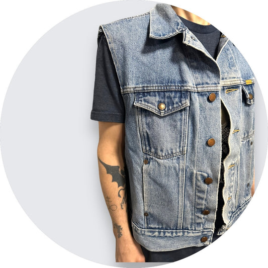 80’s Rustler denim vest - w/ fade + raw edge sleeves