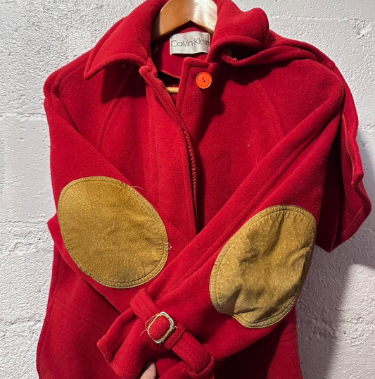 90’s Long Red Wool Button Coat w/ Hood- Calvin Klein- 6