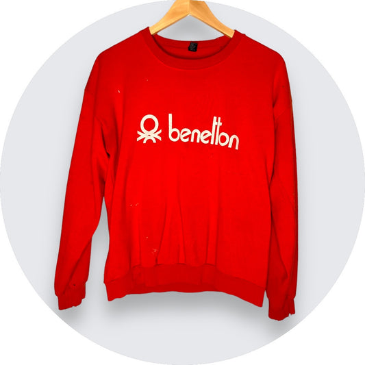 80's Benetton Red Crewneck - Rare Vintage Sweatshirt- Distressed- M