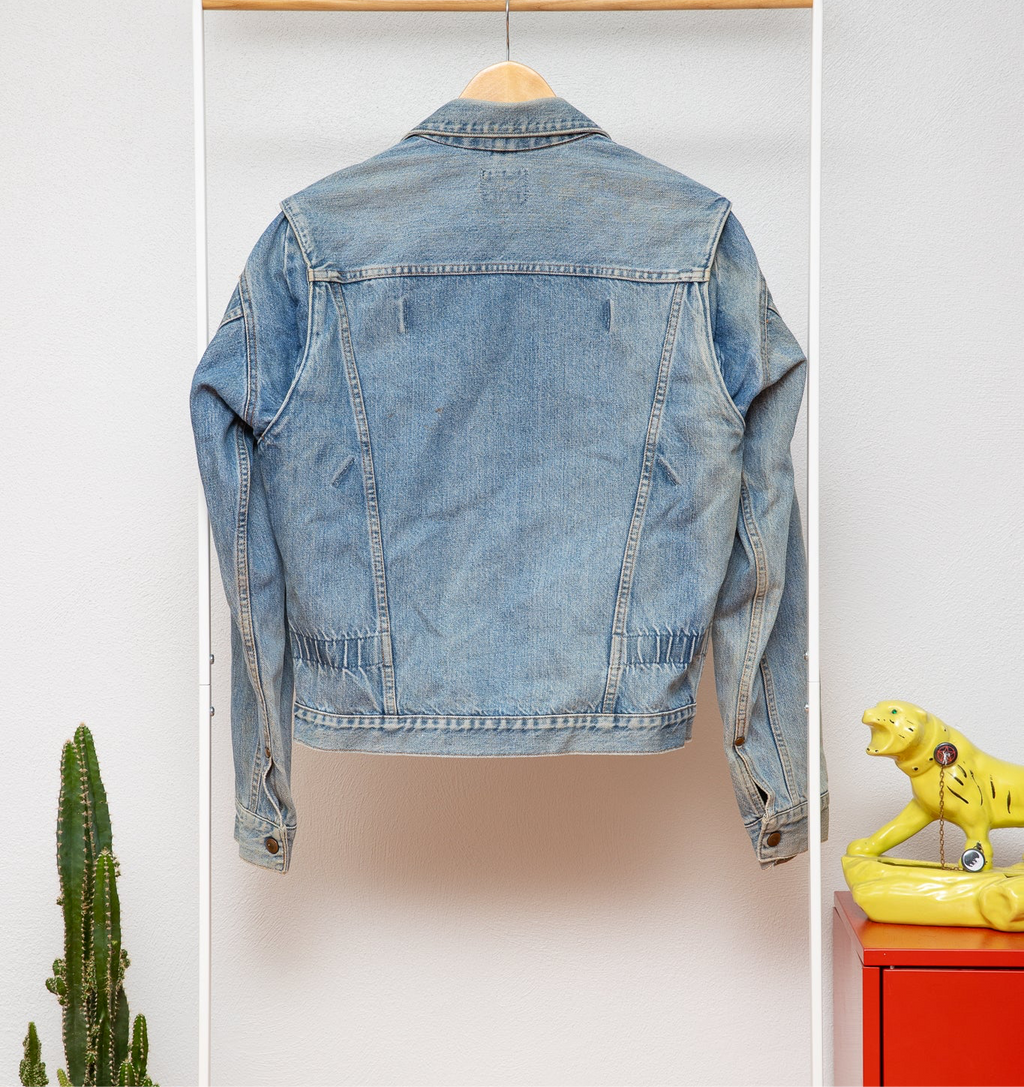 60’s Blue Bell Wrangler pleated zip front sanforized denim trucker jacket hidden rivets