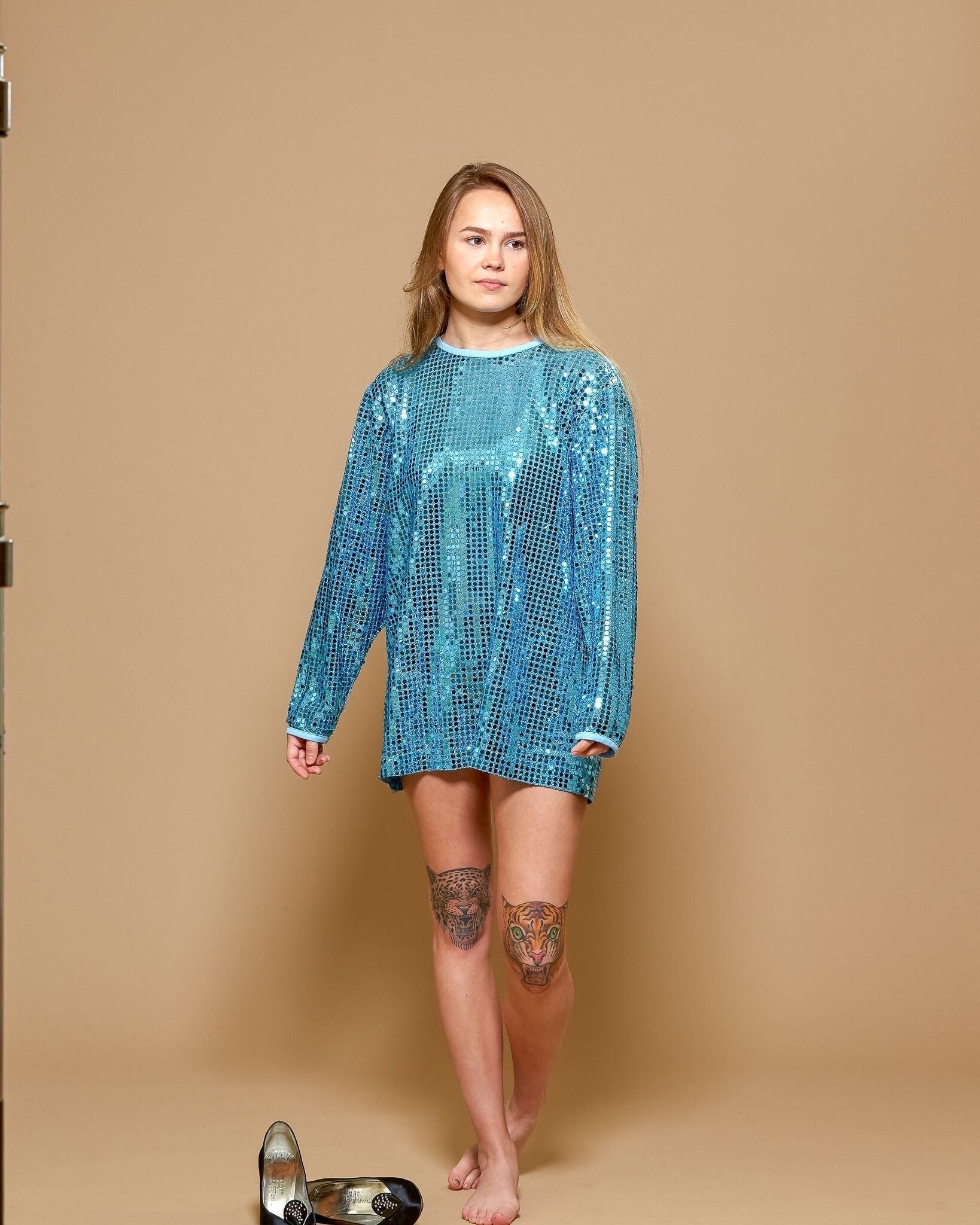 Vintagw 80's Aqua blue sequin mini dress or oversized top.